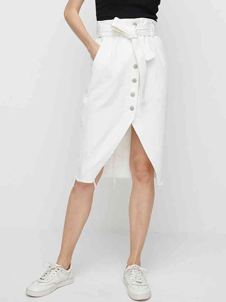 Full SizeTie Waist Buttoned Denim Skirt - Pahabu - Women Fashion & Jewelry