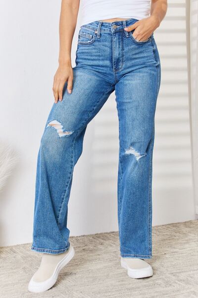 Judy Blue Full Size High Waist Distressed Straight-Leg Jeans - Pahabu