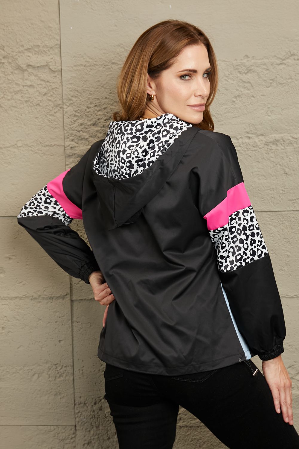 Double Take Leopard Color Block Zip-Up Hooded Jacket - Pahabu - Women Fashion & Jewelry