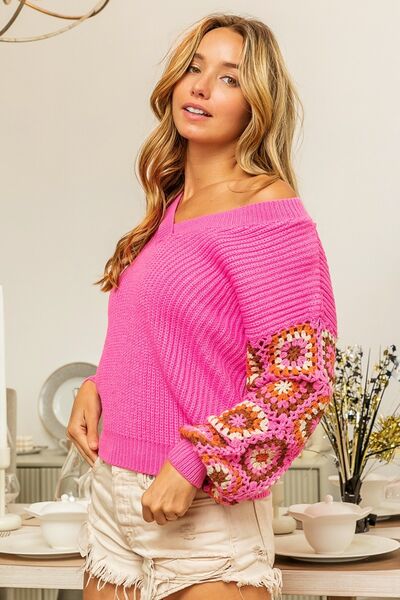 BiBi V-Neck Crochet Long Sleeve Sweater - Pahabu