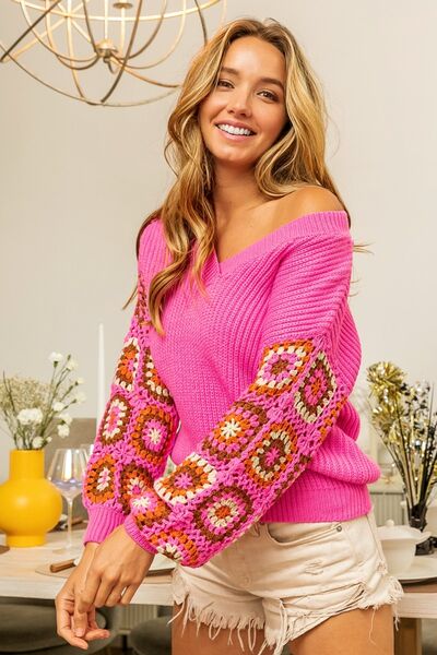 BiBi V-Neck Crochet Long Sleeve Sweater - Pahabu