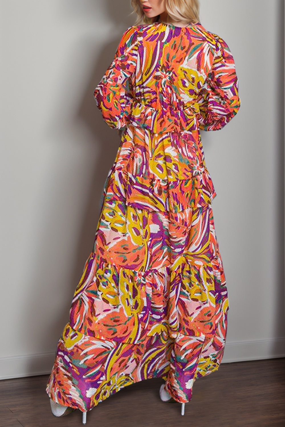 Printed Ruffled V-Neck Tiered Dress