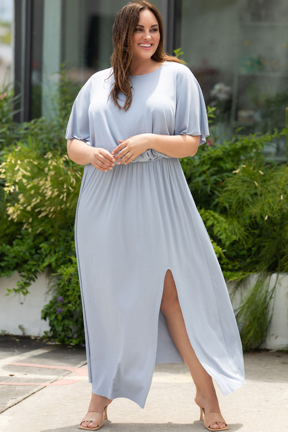 Plus Size Round Neck Split Flutter Sleeve Maxi Dress - Pahabu - Women Fashion & Jewelry