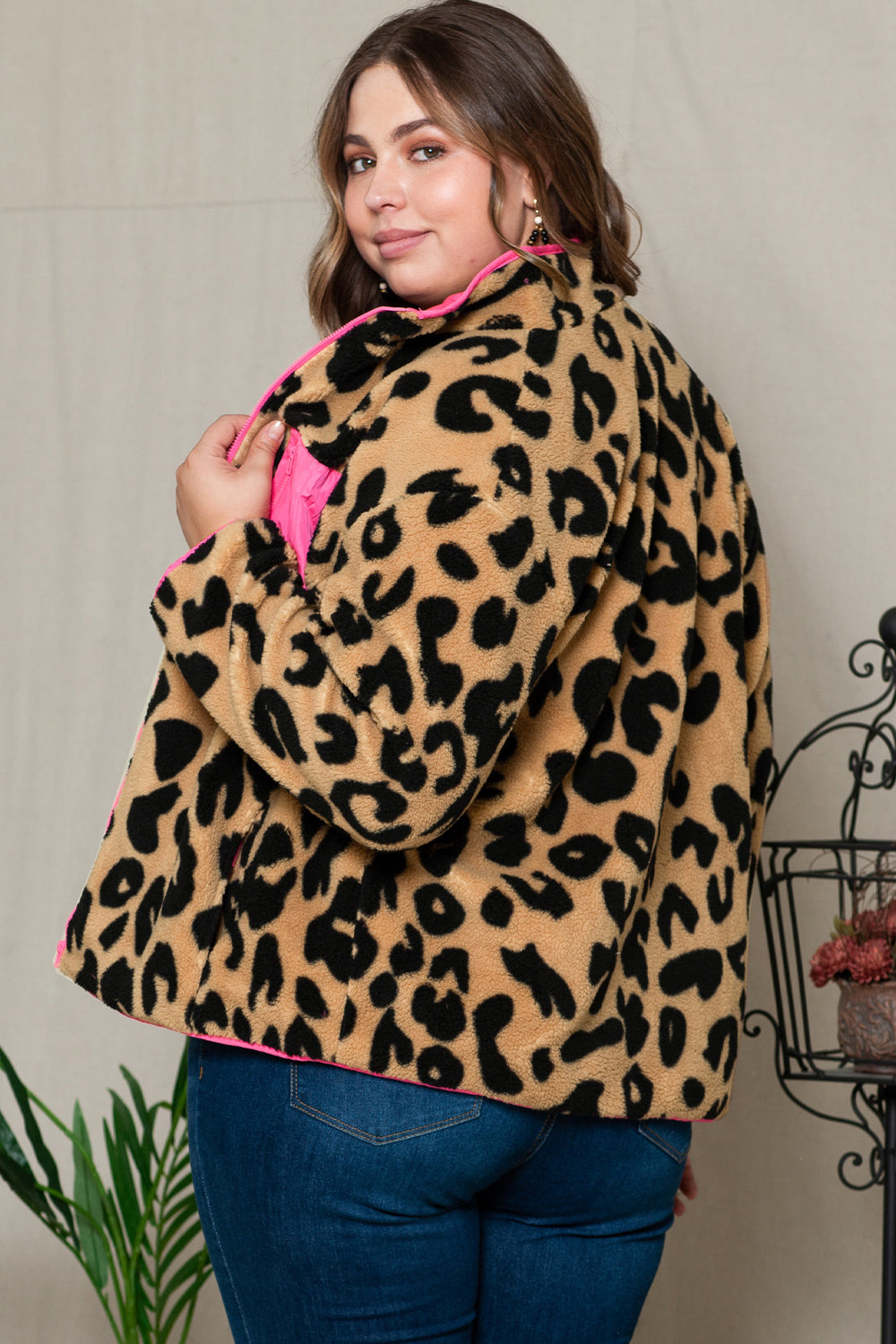 Plus Size Leopard Zip Up Jacket with Pockets - Pahabu - Women Fashion & Jewelry