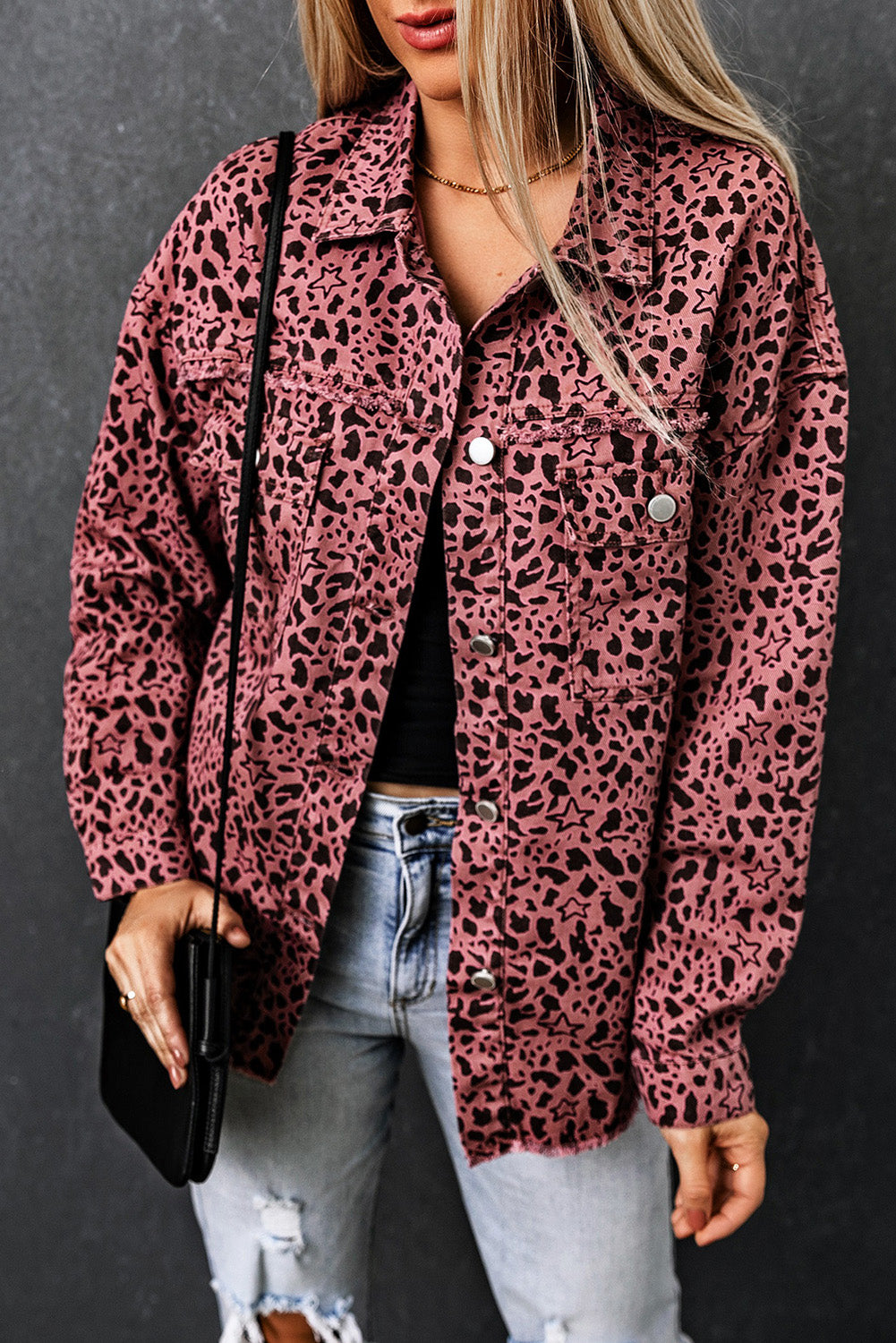 Leopard Raw Hem Button Up Denim Jacket - Pahabu - Women Fashion & Jewelry