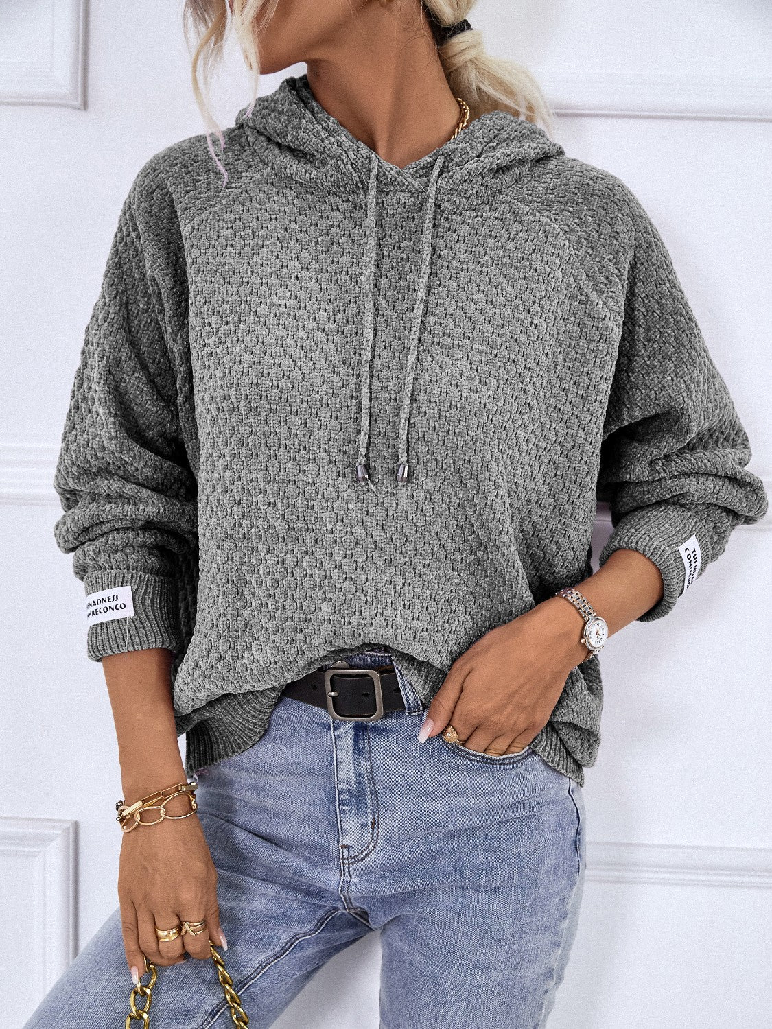 Texture Drawstring Long Sleeve Hooded Sweater - Pahabu - Women's Clothing & Shop