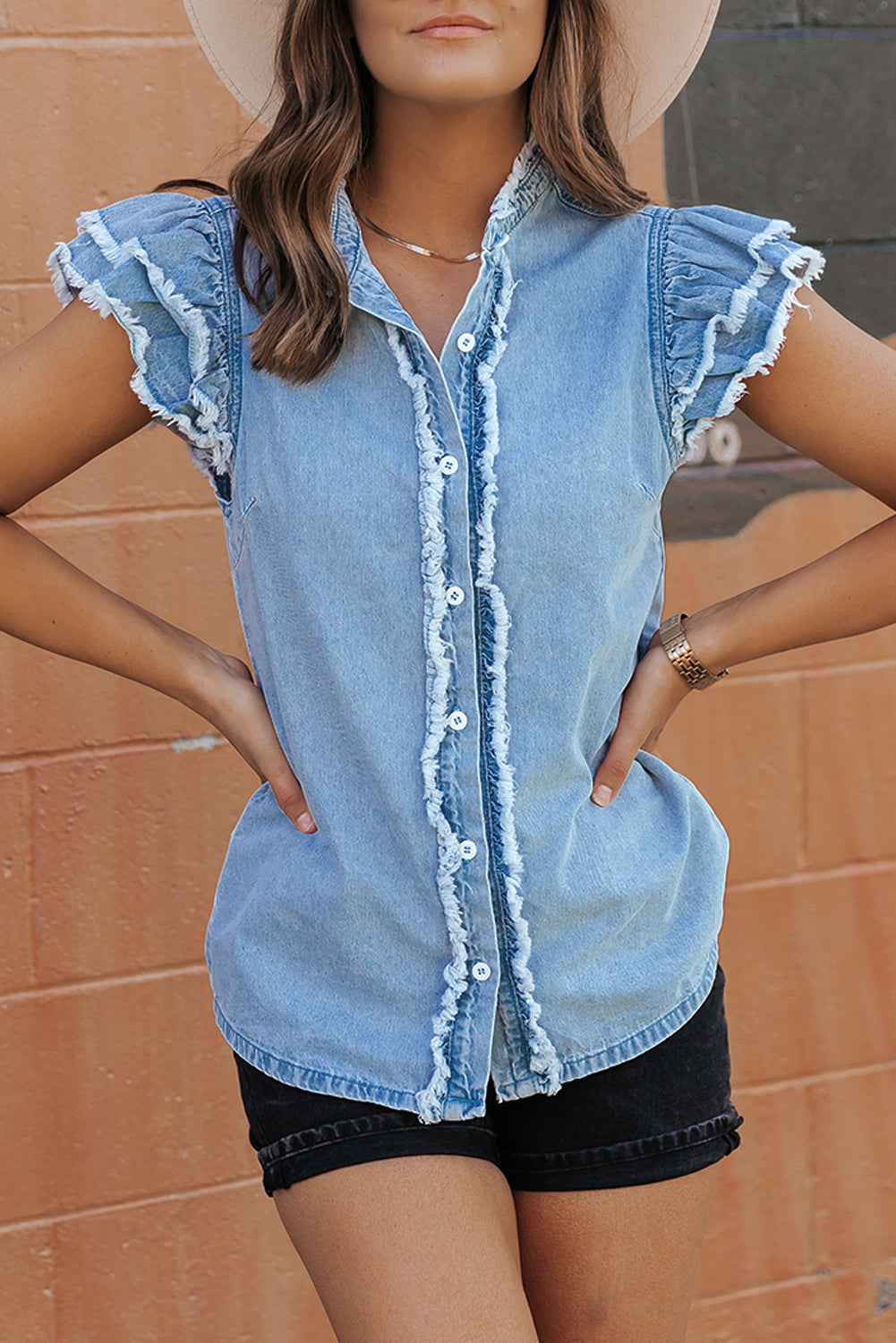 Raw Hem Button Up Cap Sleeve Denim Top - Pahabu - Women's Clothing & Shop