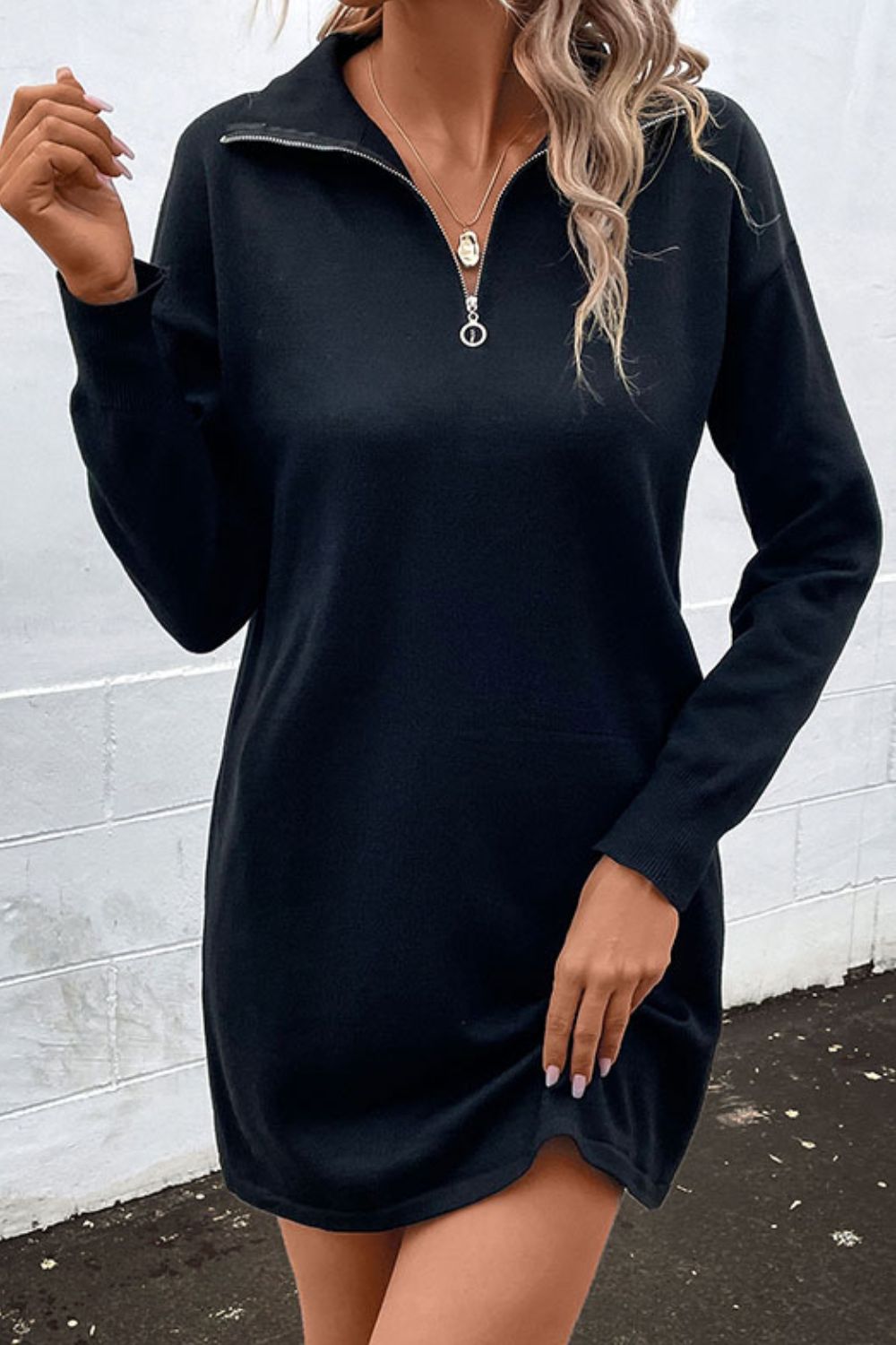 Perfee Quarter-Zip Dropped Shoulder Knit Dress - Pahabu - Women's Clothing & Shop