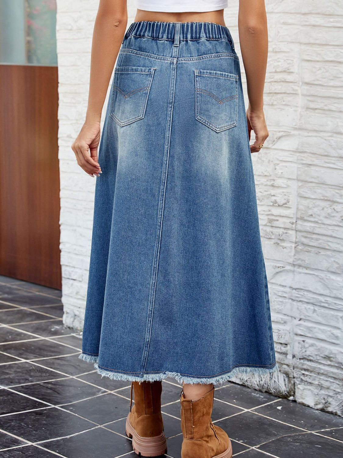 Raw Hem Buttoned Denim Skirt with Pockets - Pahabu - Women's Clothing & Shop