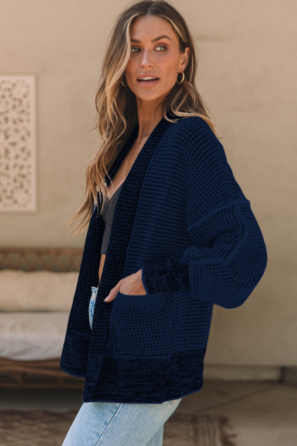 Waffle-knit Pocketed Open Front Cardigan - Pahabu - Women's Clothing & Shop