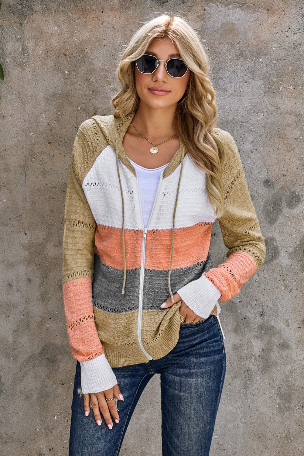 Zip-Up Raglan Sleeve Openwork Hooded Cardigan - Pahabu - Women's Clothing & Shop