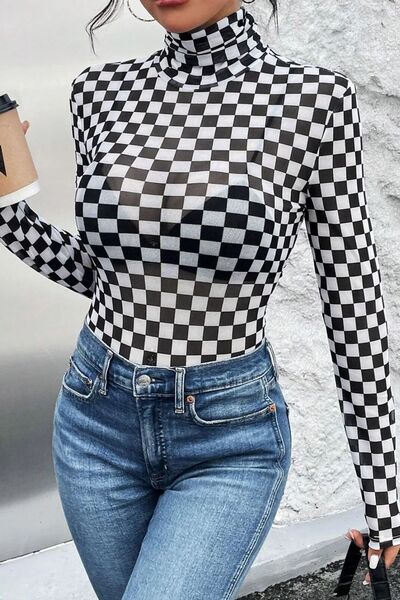 Checkered Turtleneck Long Sleeve Bodysuit - Pahabu - Women's Clothing & Shop