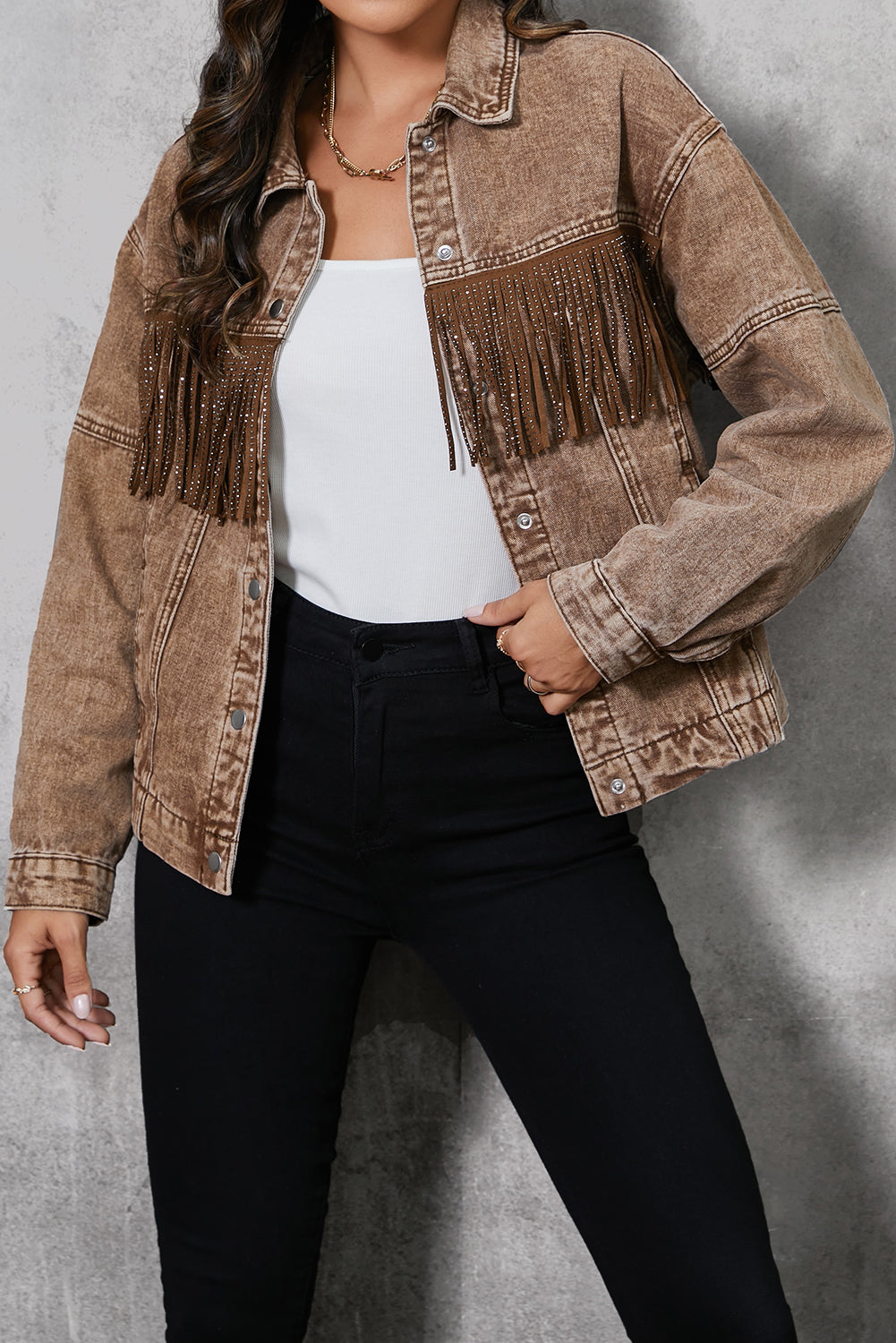 Fringe Trim Snap Down Denim Jacket - Pahabu - Women's Clothing & Shop