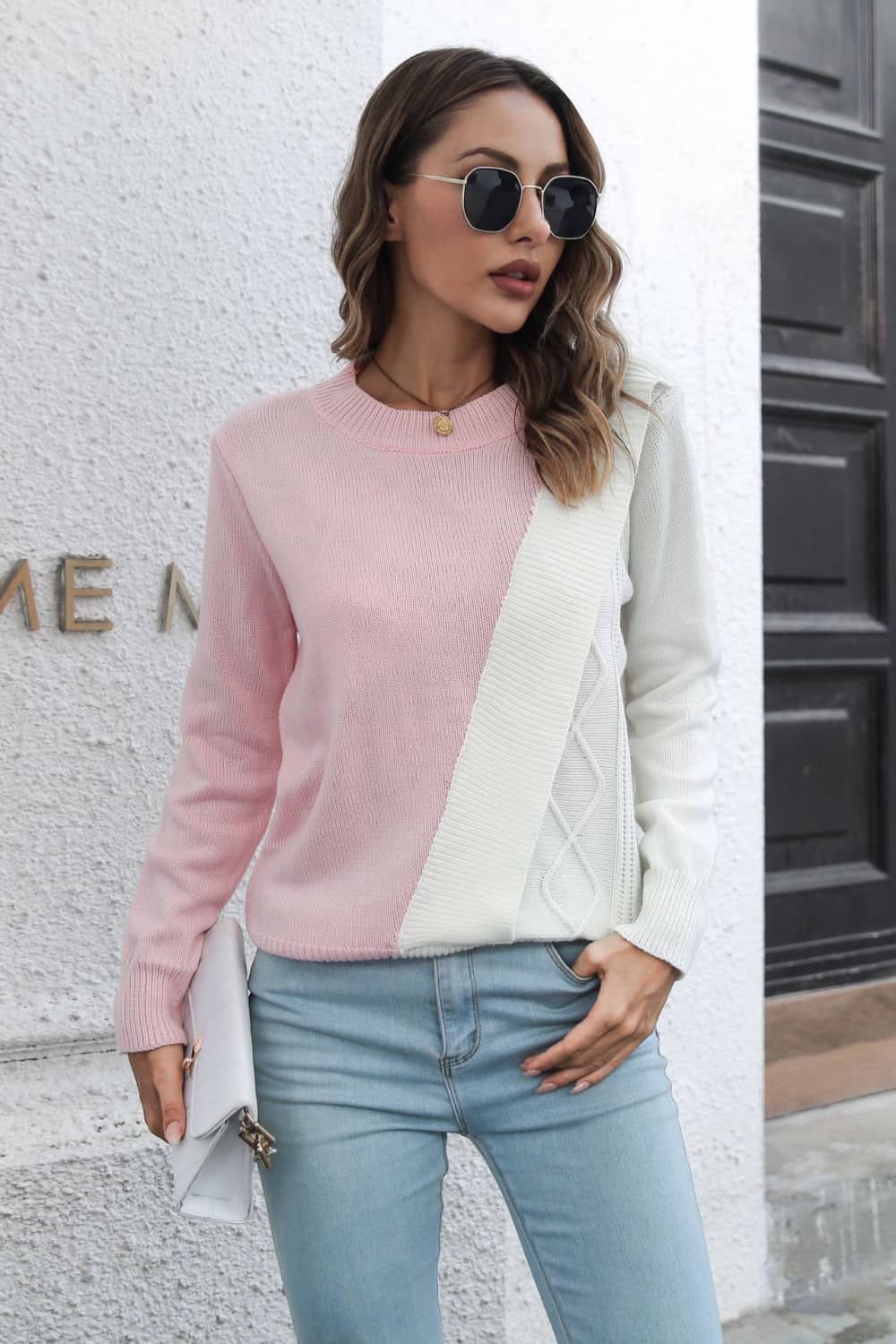 Contrast Color Round Neck Long Sleeve Sweater - Pahabu - Women's Clothing & Shop