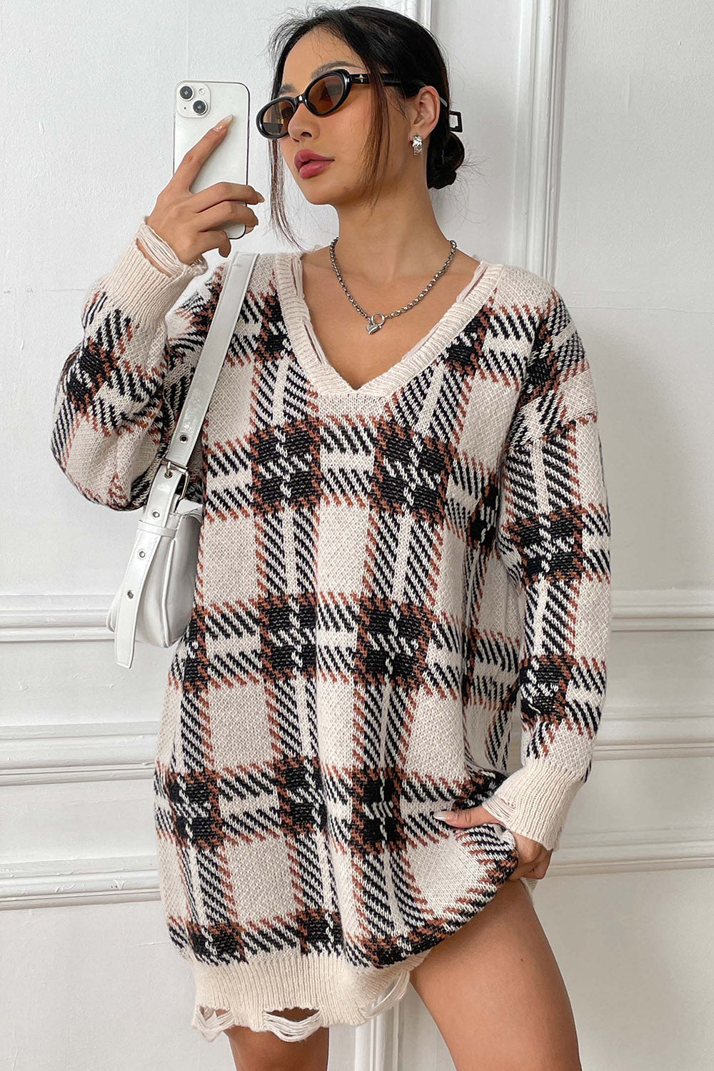Plaid V-Neck Long Sleeve Sweater Dress - Pahabu - Women's Clothing & Shop