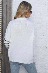 Ribbed Notched Neck Striped Long Sleeve Sweater - Pahabu - Women's Clothing & Shop