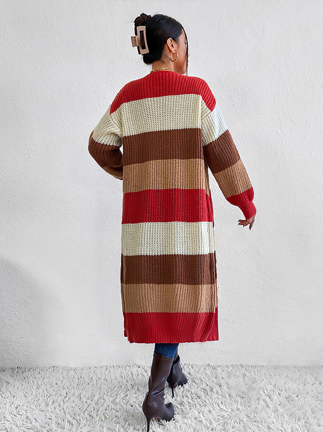 Color Block Open Front Longline Cardigan - Pahabu - Women's Clothing & Shop