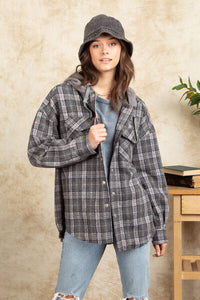 Drawstring Plaid Long Sleeve Hooded Jacket - Pahabu - Women's Clothing & Shop