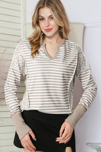 Exposed Seam Striped Notched Blouse - Pahabu - Women's Clothing & Shop