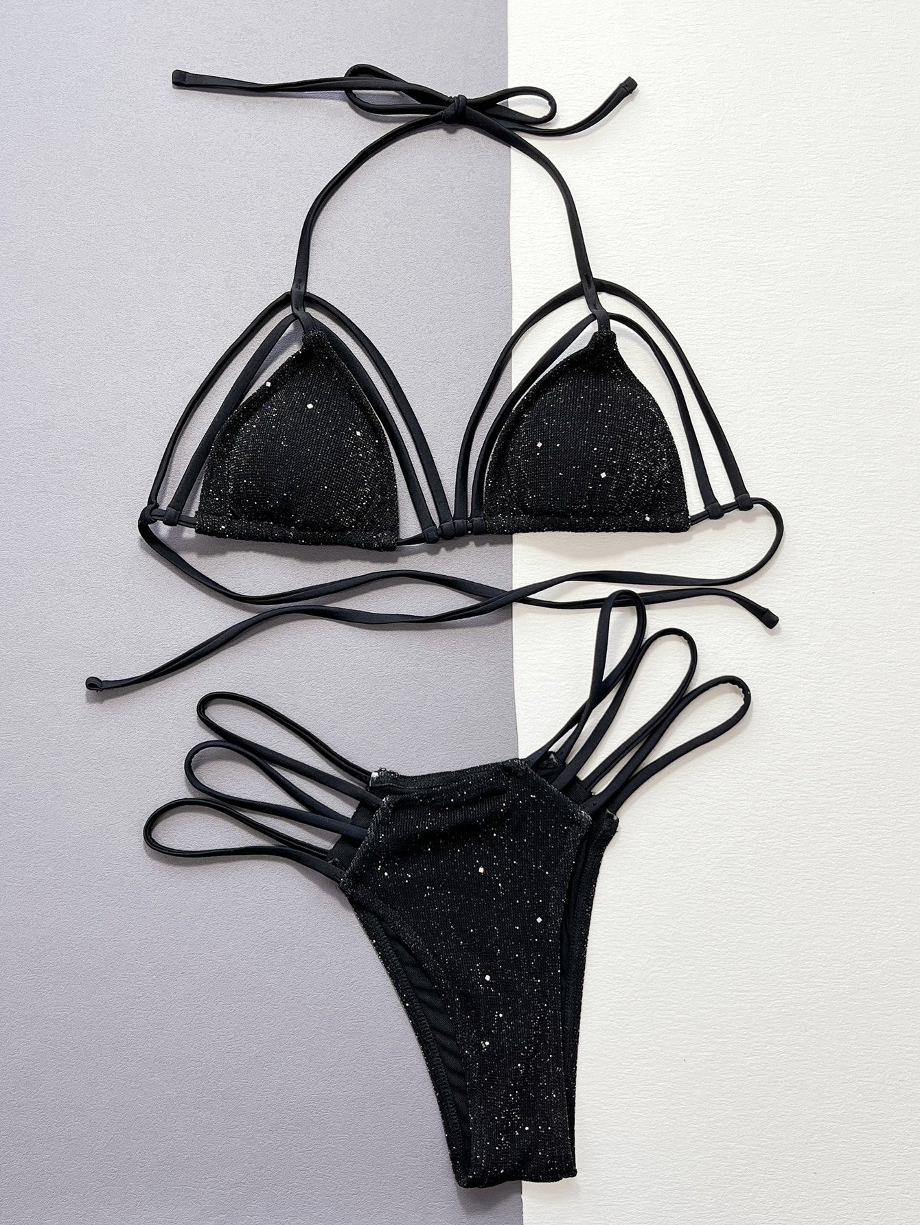 Glitter Halter Neck Strappy Two-Piece Bikini Set - Pahabu - Women's Clothing & Shop
