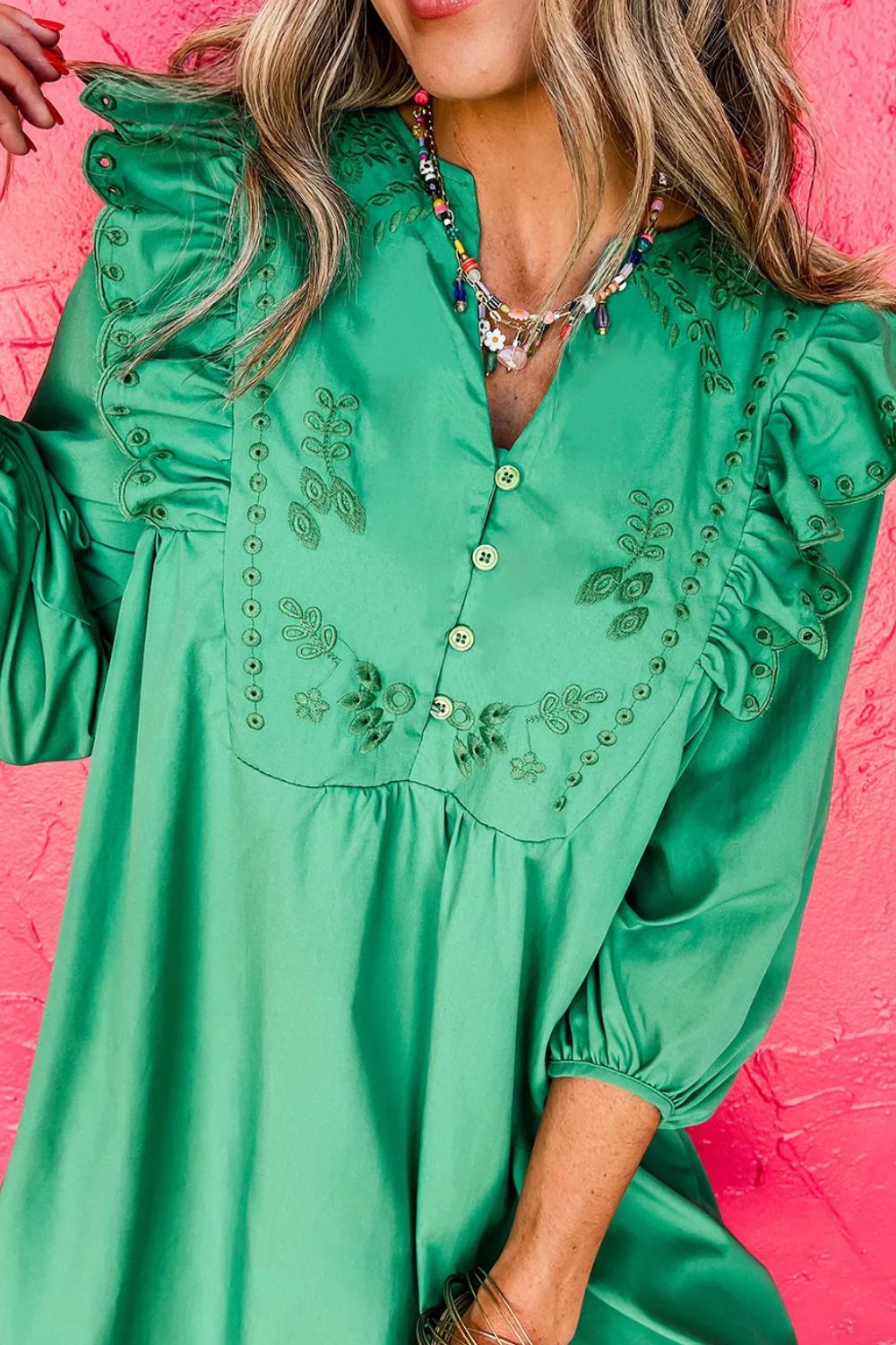 Embroidered Ruffled Notched Three-Quarter Sleeve Dress - Pahabu - Women's Clothing & Shop