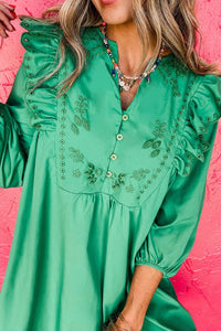 Embroidered Ruffled Notched Three-Quarter Sleeve Dress - Pahabu - Women's Clothing & Shop