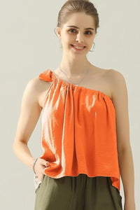 Ninexis One Shoulder Bow Tie Strap Satin Silk Top