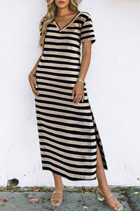 Striped V-Neck Short Sleeve Side Slit Dress - Pahabu - Women's Clothing & Shop