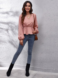 V-Neck Balloon Sleeve Peplum Blouse - Pahabu - Women's Clothing & Shop