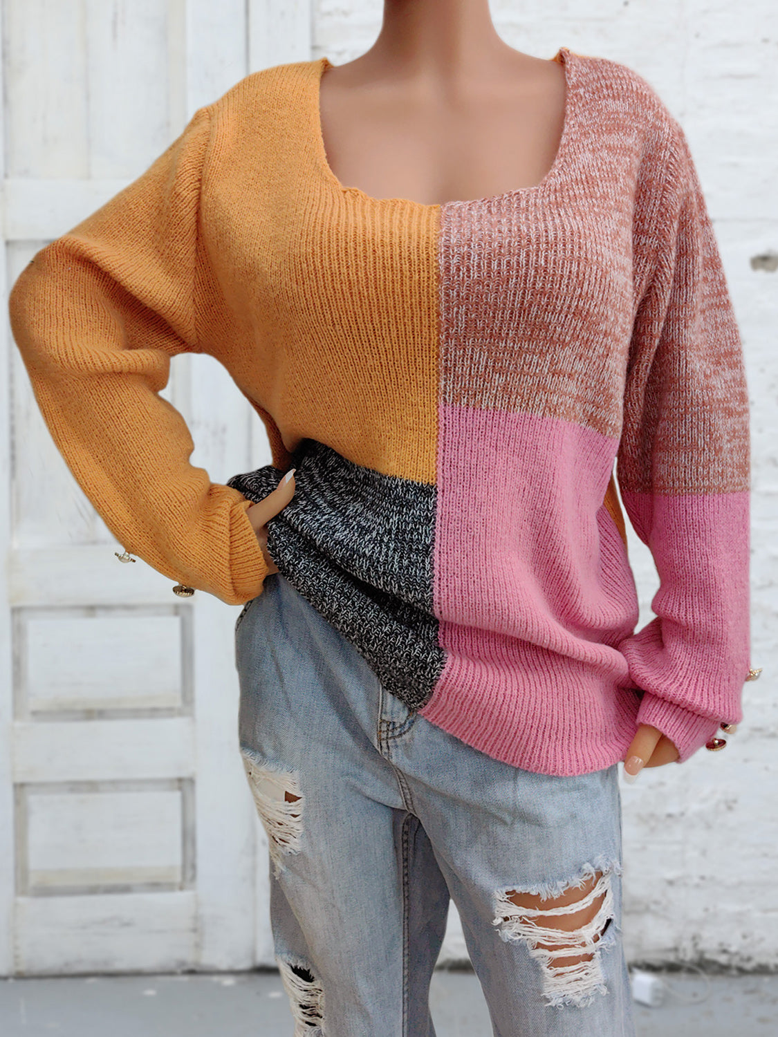 Color Block Decorative Button Long Sleeve Sweater - Pahabu - Women's Clothing & Shop