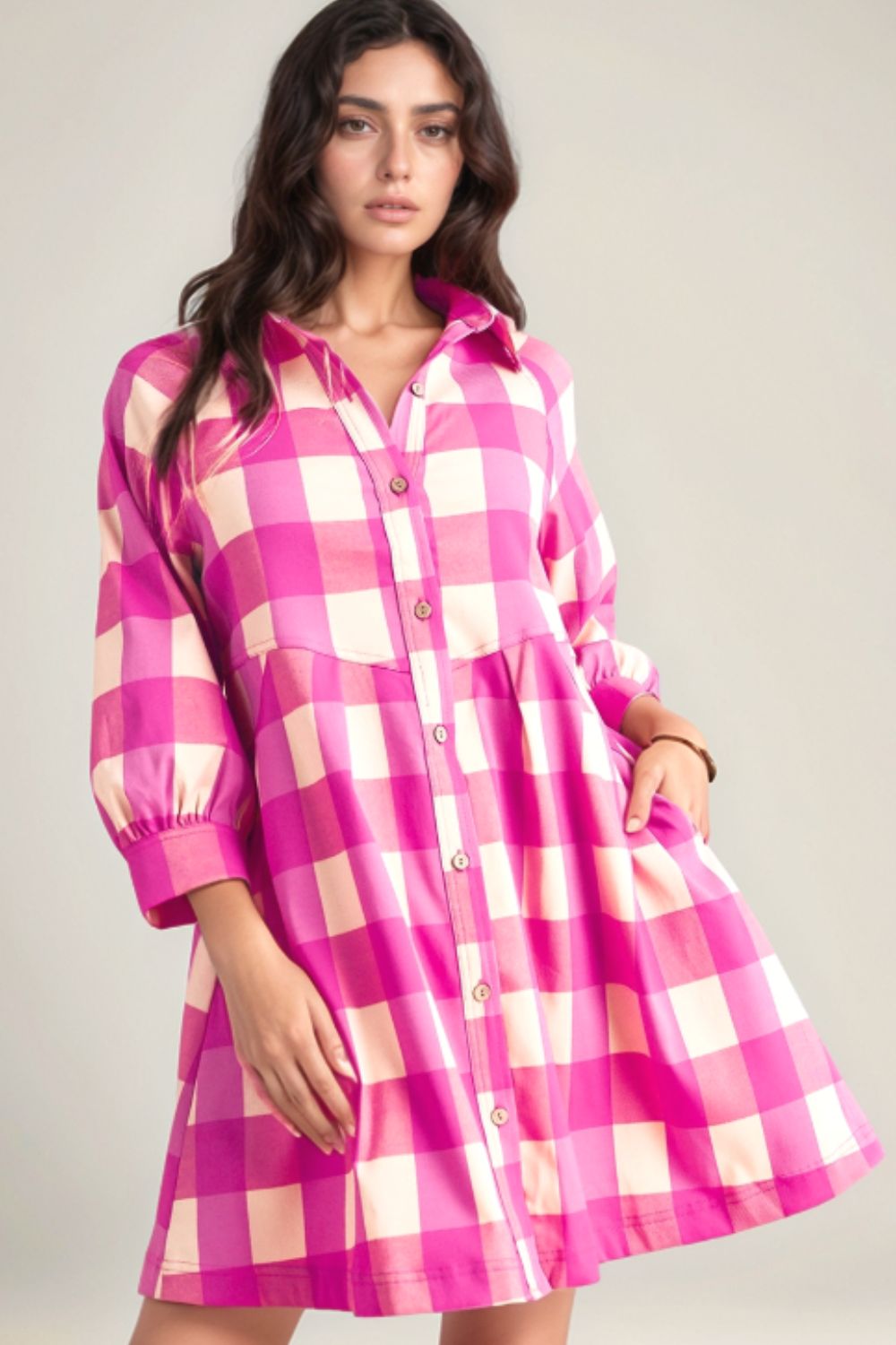 Ruched Plaid Three-Quarter Sleeve Shirt Dress - Pahabu - Women's Clothing & Shop