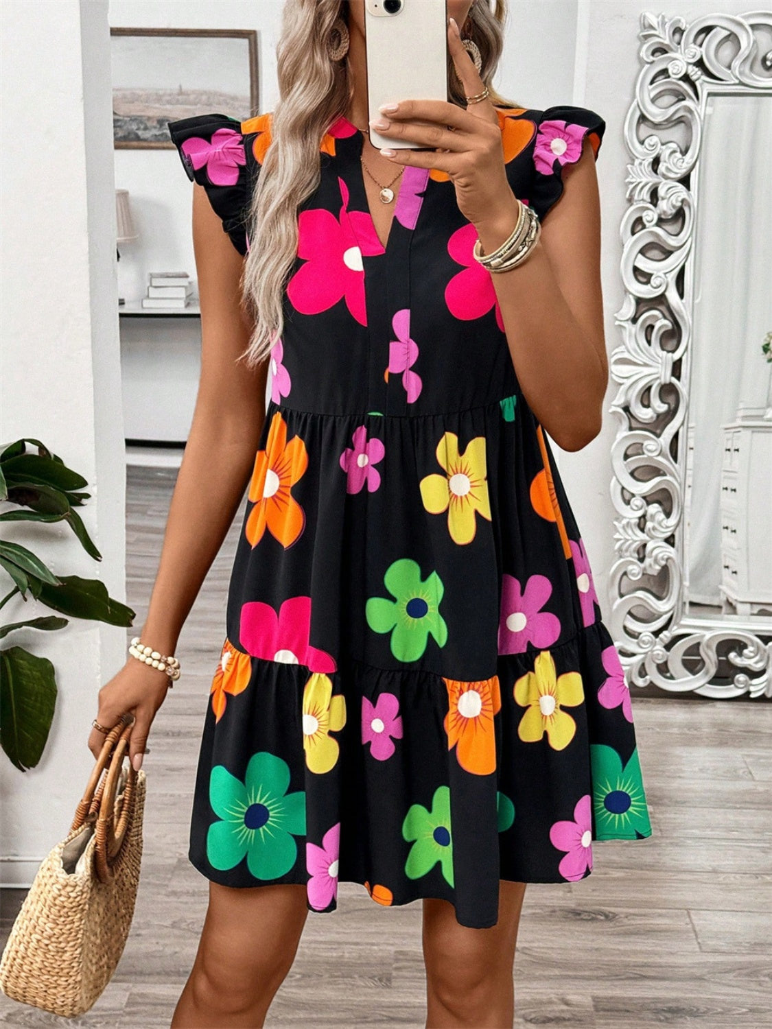 Ruffled Printed Notched Cap Sleeve Dress - Pahabu - Women's Clothing & Shop