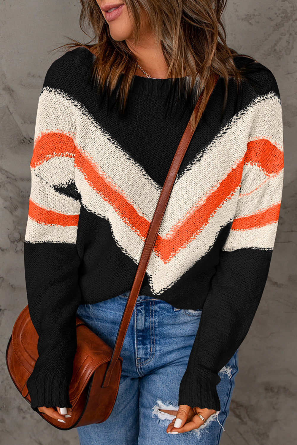 Contrast Round Neck Dropped Shoulder Sweater - Pahabu - Women's Clothing & Shop