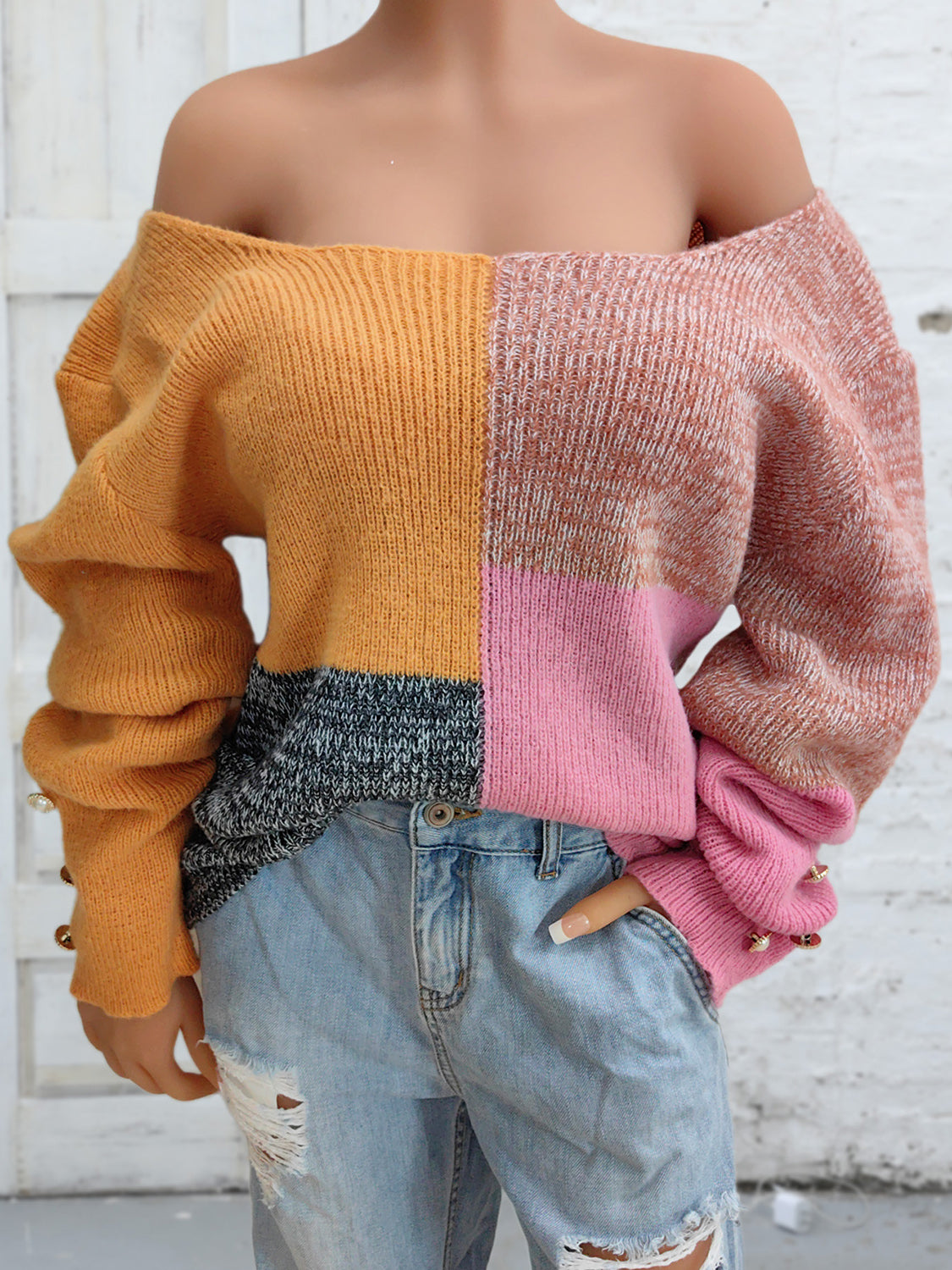 Color Block Decorative Button Long Sleeve Sweater - Pahabu - Women's Clothing & Shop