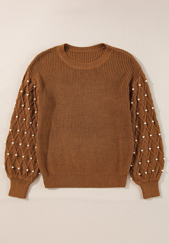 Pearl Detail Round Neck Long Sleeve Sweater - Pahabu - Women's Clothing & Shop
