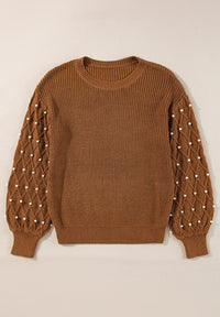 Pearl Detail Round Neck Long Sleeve Sweater - Pahabu - Women's Clothing & Shop