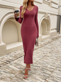 Devine Tied V-Neck Long Sleeve Sweater Dress - Pahabu - Women's Clothing & Shop