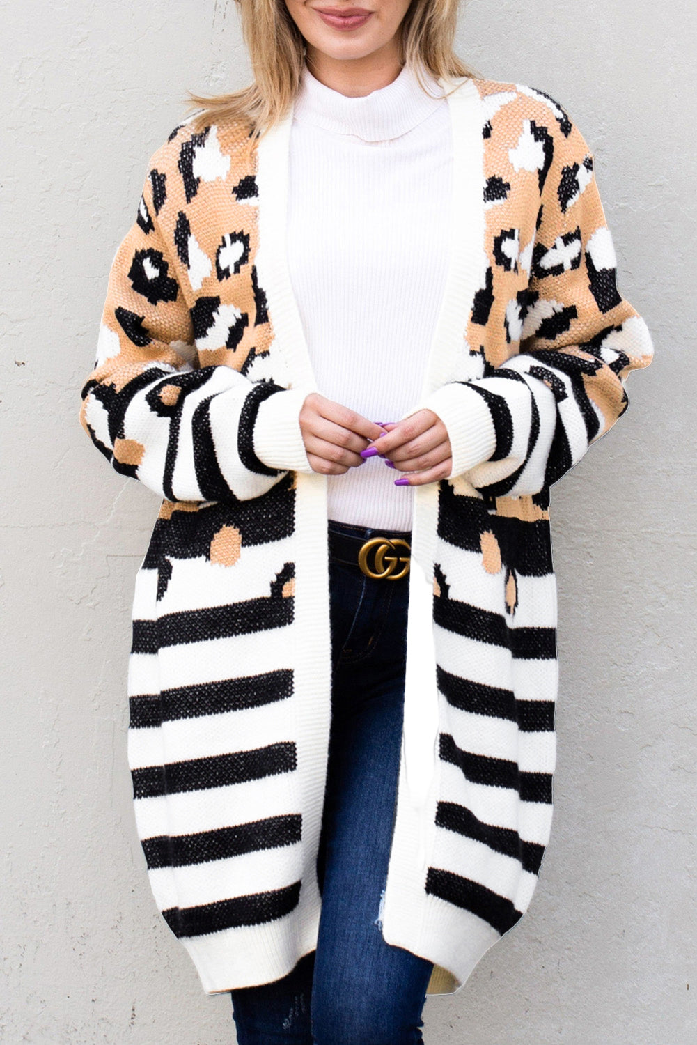 Striped Open Front Longline Cardigan - Pahabu - Women's Clothing & Shop