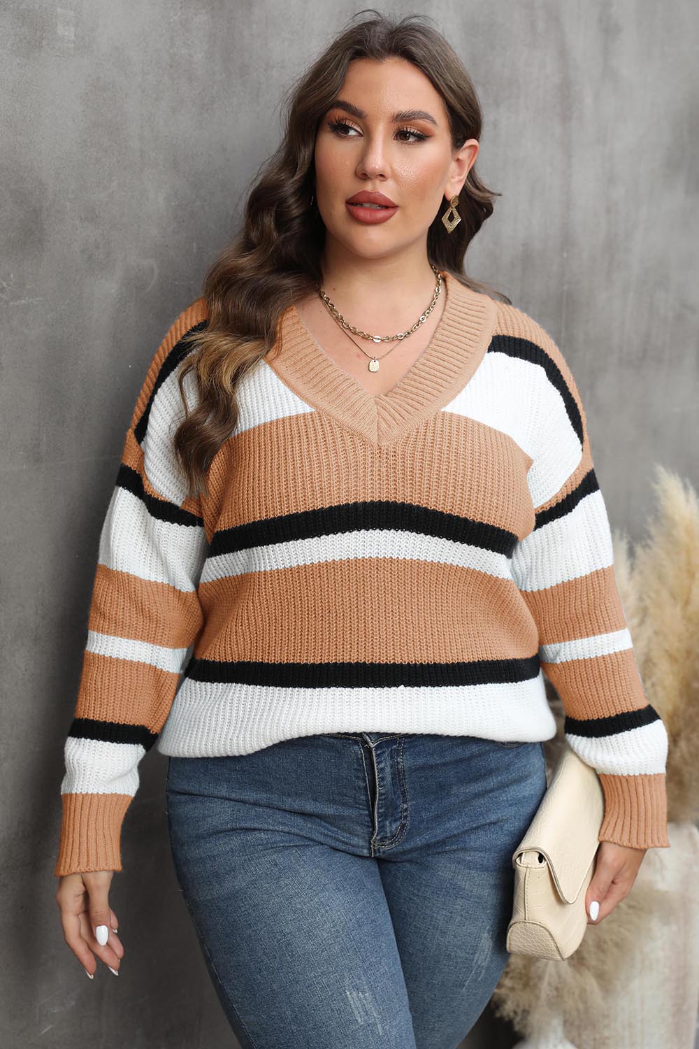 Plus Size Striped V-Neck Dropped Shoulder Sweater - Pahabu - Women's Clothing & Shop