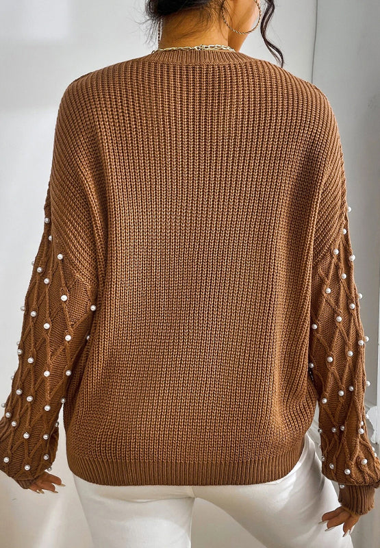 Pearl Detail Round Neck Long Sleeve Sweater - Pahabu - Women's Clothing & Shop