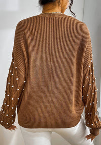 Pearl Detail Round Neck Long Sleeve Sweater - Pahabu - Women's Clothing & Shop
