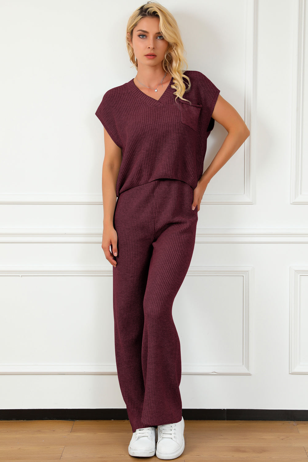 Pocketed V-Neck Top and Wide Leg Sweater Set - Pahabu - Women's Clothing & Shop