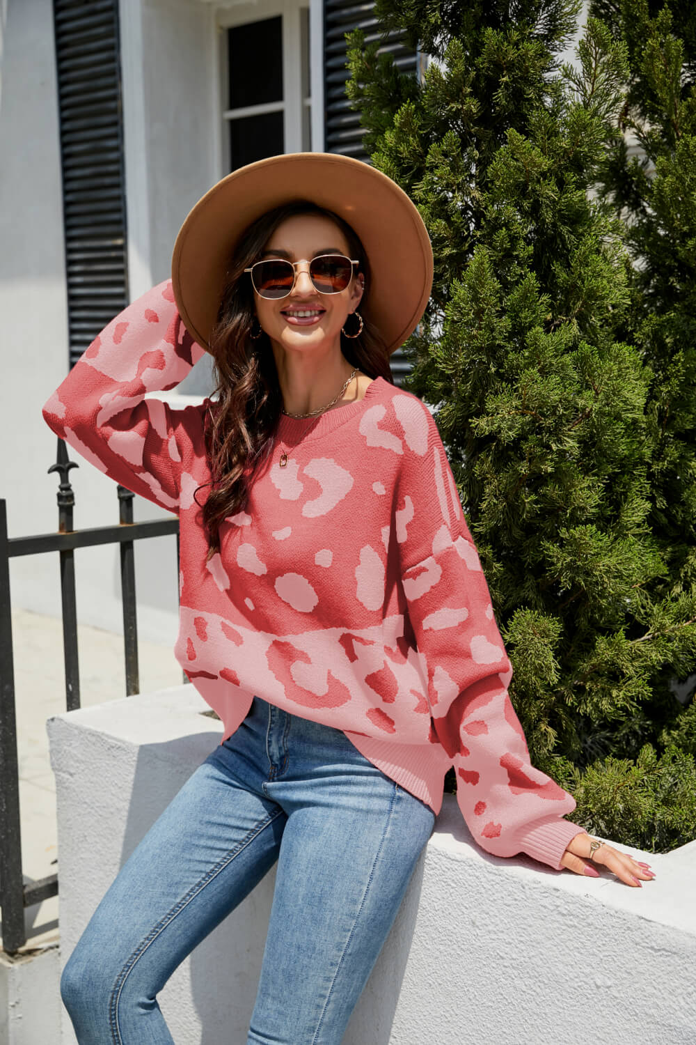 Woven Right Leopard Ribbed Trim Dropped Shoulder Sweater - Pahabu - Women's Clothing & Shop
