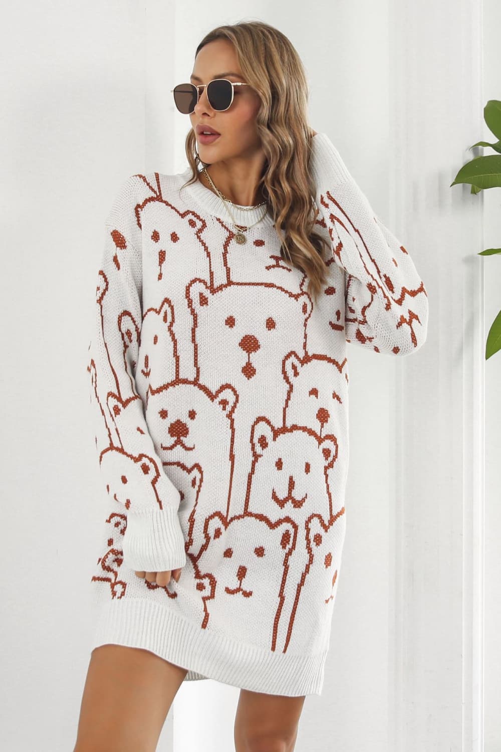Bear Pattern Round Neck Sweater Dress - Pahabu - Women's Clothing & Shop