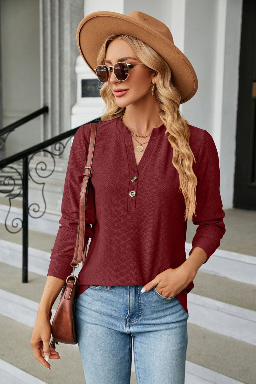 Notched Neck Long Sleeve Buttoned Blouse - Pahabu - Women's Clothing & Shop