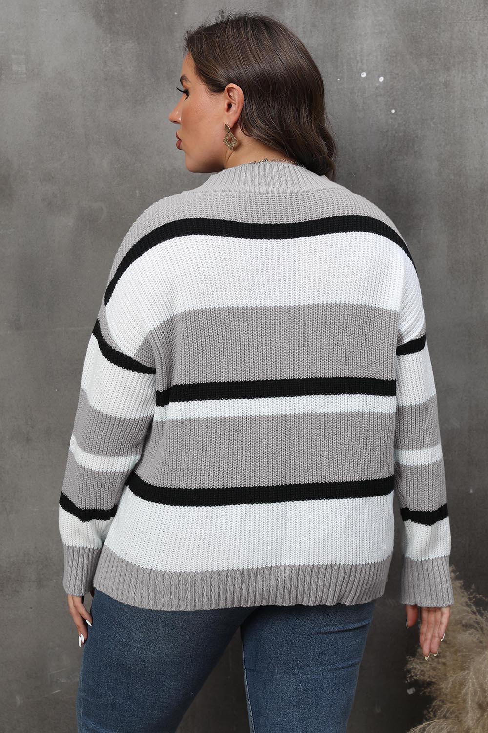 Plus Size Striped V-Neck Dropped Shoulder Sweater - Pahabu - Women's Clothing & Shop