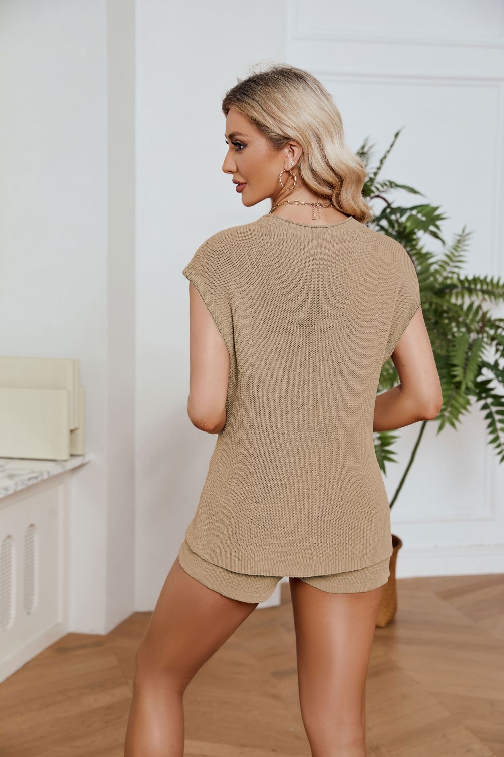 Round Neck Knit Top and Drawstring Shorts Set - Pahabu - Women's Clothing & Shop