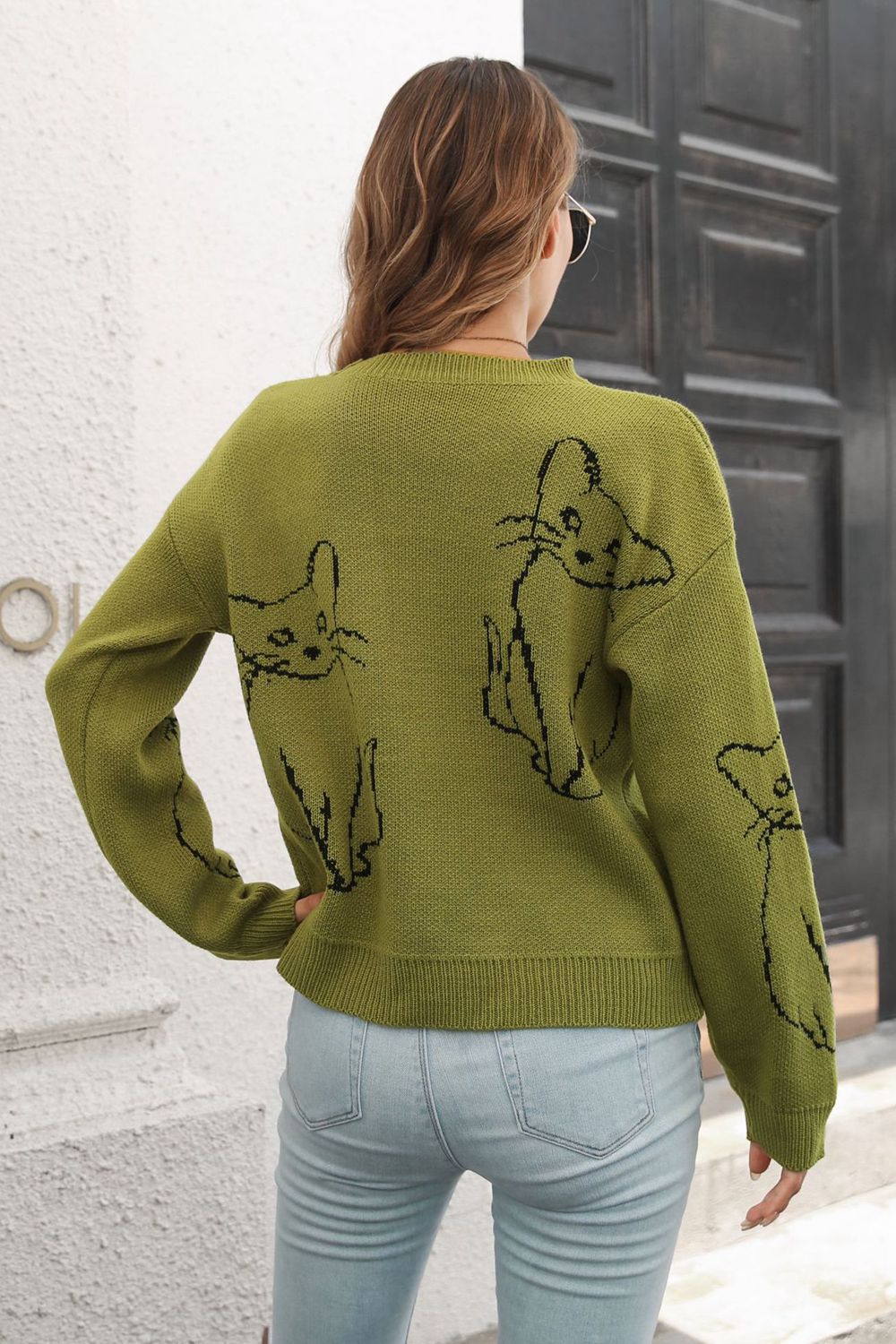 Cat Pattern Round Neck Long Sleeve Pullover Sweater - Pahabu - Women's Clothing & Shop