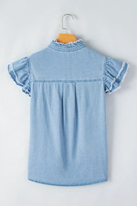 Raw Hem Button Up Cap Sleeve Denim Top - Pahabu - Women's Clothing & Shop