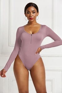 Half Zip Scoop Neck Long Sleeve Bodysuit - Pahabu - Women's Clothing & Shop